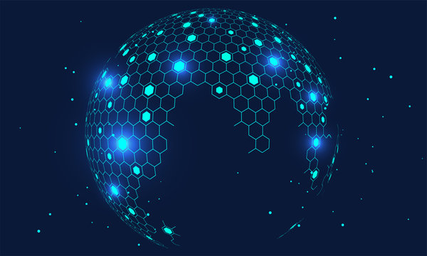 Hexagonal vector grid globe representing high tech, cloud computing and internet big data
