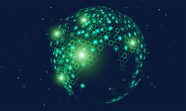 Hexagonal vector grid globe representing high tech, cloud computing and internet big data	