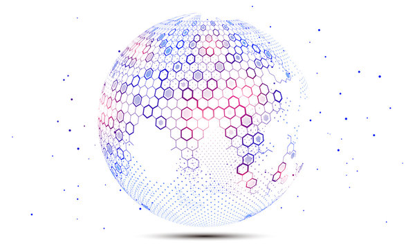 Hexagonal vector grid globe representing high tech, cloud computing and internet big data