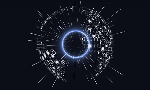 Hexagonal vector grid globe and scattered dots composed of earth, representing high-tech and big data or cloud computing, radiating lines
