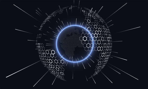  Hexagonal vector grid globe and scattered dots composed of earth, representing high-tech and big data or cloud computing, radiating lines