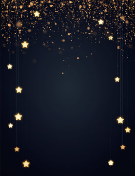 带有黄色发光星星和金色闪光或五彩纸屑的圣诞节背景设计。带有文本空间的黑暗背景。矢量传单或横幅模板