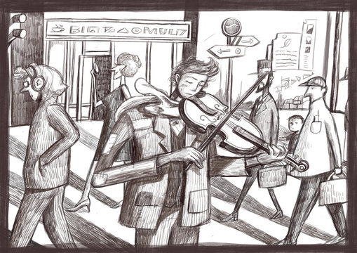 Violinist, musician, music, lyre, beggar, tramp, art, print, street, pedestrian, kokeshi, begging, illustration, performance, performance,