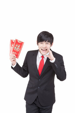 The young business man holding red envelope