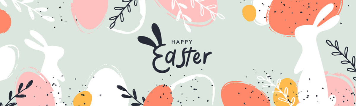 Happy Easter banner. Trendy Easter design with typography, hand painted strokes and dots, eggs and bunny in pastel colors. Modern minimal style. Horizontal poster, greeting card, header for website