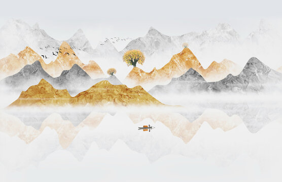 Hand painted Chinese style golden Abstract landscape painting