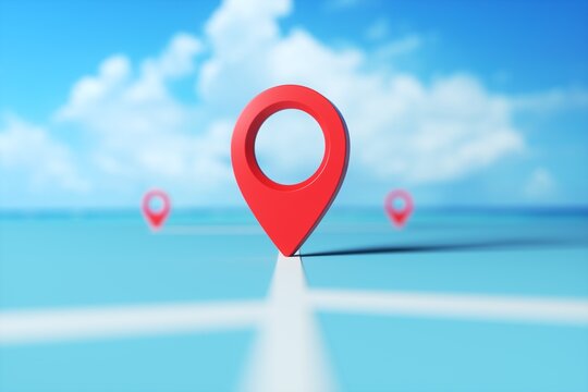 Locator mark of map and location pin or navigation icon sign on white background with search concept. 3D rendering.