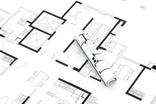Construction housing project, real estate concept. Residential building blueprint plans, Architect engineer office desk, 3d rendering.