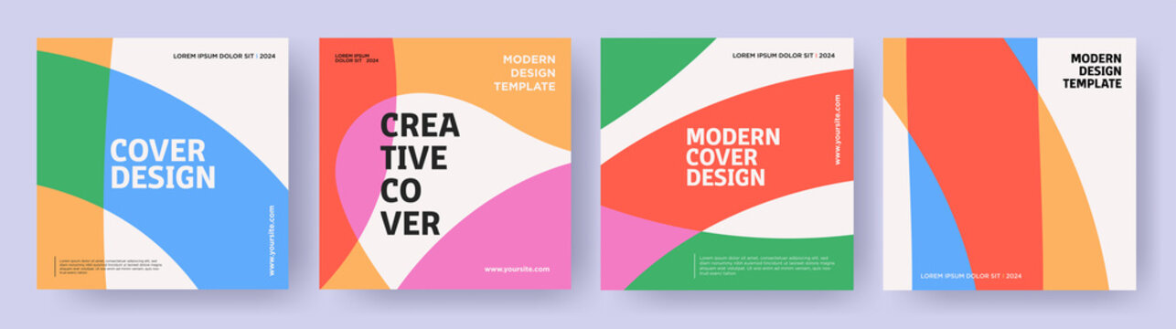 Creative covers or posters concept in modern minimal style for corporate identity, branding, social media advertising, promo. Minimalist cover design template with dynamic colorful overlay lines