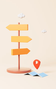 Signpost and map pin in the yellow background, 3d rendering.