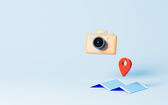 Camera and map pin in the blue background,Tourism theme, 3d rendering.