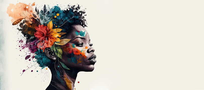 用生成式人工智能创作的黑人女性水彩画风格横幅