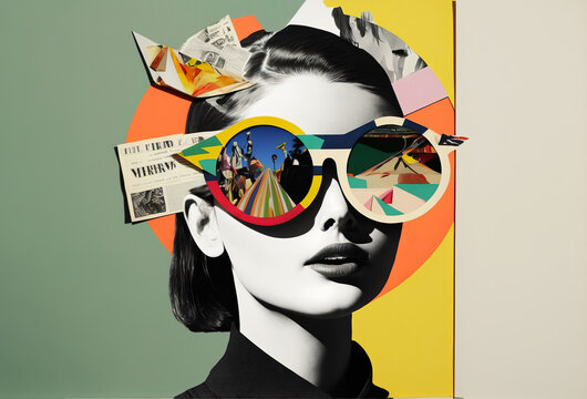 抽象的现代艺术年轻女子拼贴肖像。时尚的纸拼贴组合。生成式人工智能 