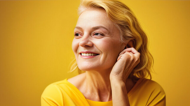 Portrait of blonde woman smiling on yellow background. Generative AI.