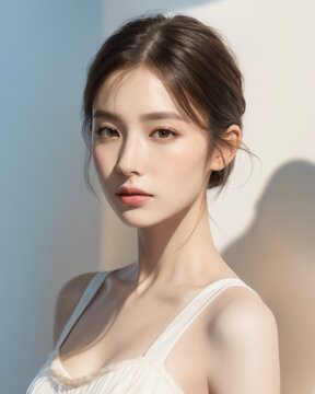 美丽的日本女性肖像，白色背景，由生成式 AI 创作