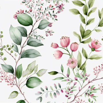 Floral wallpaper with green leaves and pink flowers in watercolor style. Created with Generative AI technology