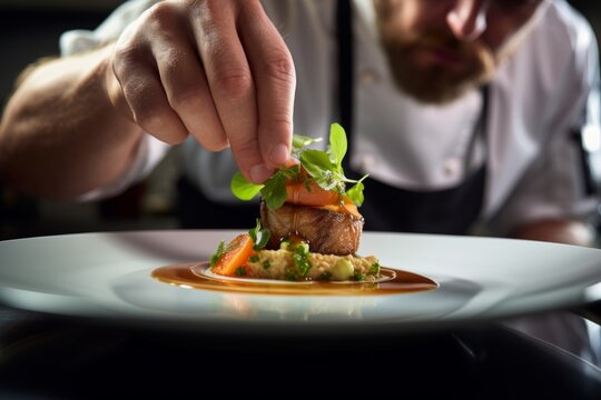 米其林五星级餐厅的厨房特写，细节丰富的艺术品：主厨厨师熟练地用手精确地烹饪、调味、准备美味新鲜、令人垂涎欲滴的美食菜肴，并将其装盘给顾客。