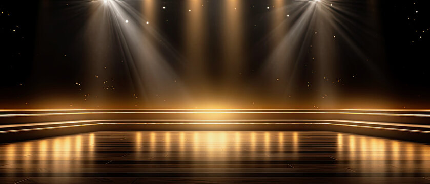 豪华的舞台讲台照亮黑色和金色背景。