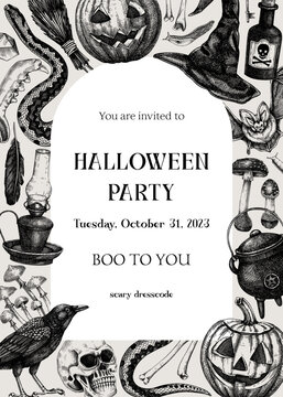 复古万圣节带框设计。手绘矢量插图。骷髅、骨头、南瓜、毒蘑菇、蛇、乌鸦草图。万圣节派对邀请函、传单、海报、书籍封面、卡片模板