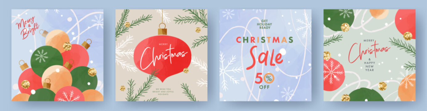 Merry Christmas and Happy New Year greeting card Set. Modern Xmas art doodle design with typography, beautiful Christmas tree and balls, snowflakes pattern. Minimal sale banner, poster, cover template