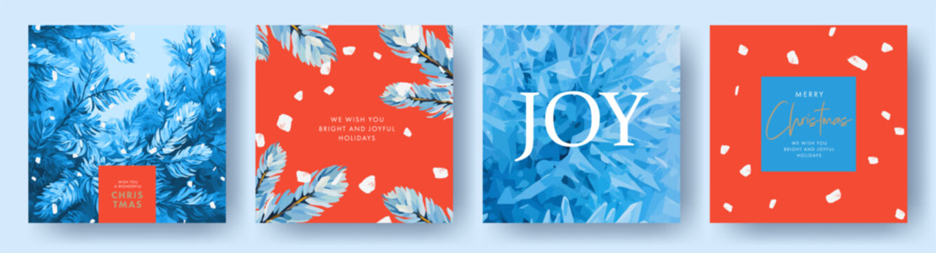 Merry Christmas and Happy New Year Set of greeting cards, posters, holiday covers. Elegant Xmas design in blue, red and white colors with hand drawn pine branches, frozen ice and brush painted snow