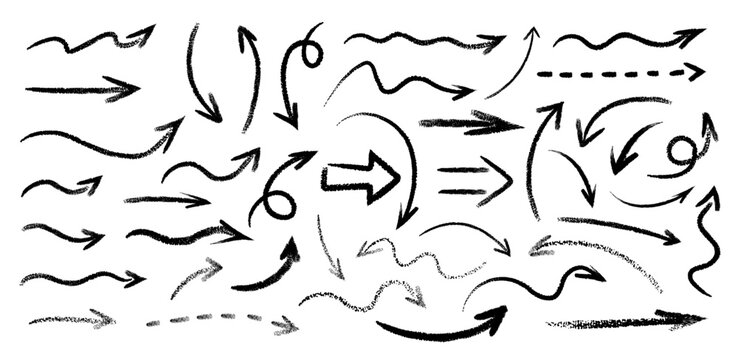 一组黑色手绘的破旧涂鸦螺旋和弯曲的炭笔、粉笔箭头在白色背景上。用于信息图表设计的潦草方向指针符号、漩涡箭头元素