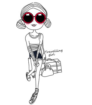 Sketch fashion girl and luggage