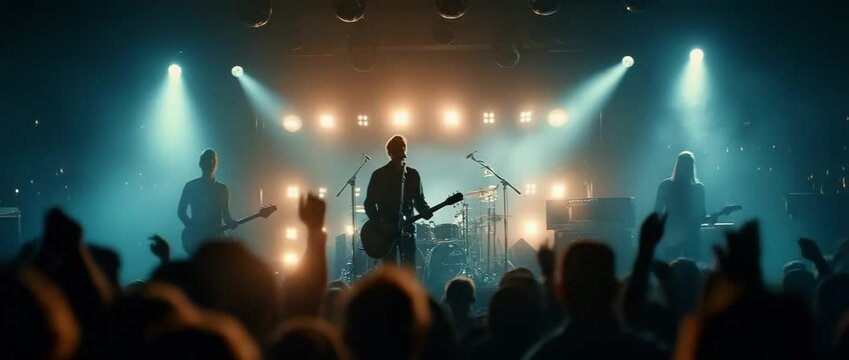 一家夜总会举办了一场摇滚音乐会，舞台上有一支乐队在表演。