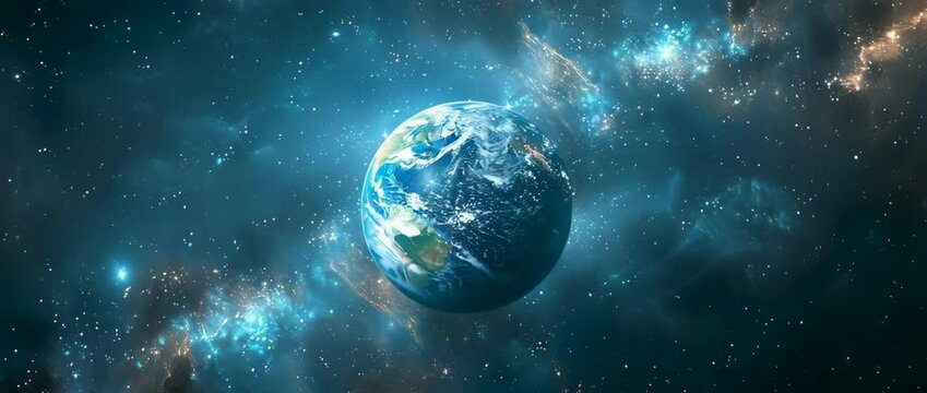 宇宙中地球的壮丽景象，鲜艳的色彩与宇宙元素营造出神秘而美丽的宁静氛围。对太空爱好者来说堪称完美。