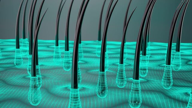 毛囊和头皮结构的逼真3D动画。非常适合用于解释头发生长、头皮治疗以及化妆品或医疗产品展示。