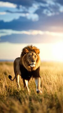 在非洲日落时分，雄伟的狮子迈着大步穿过金色的稀树草原草丛