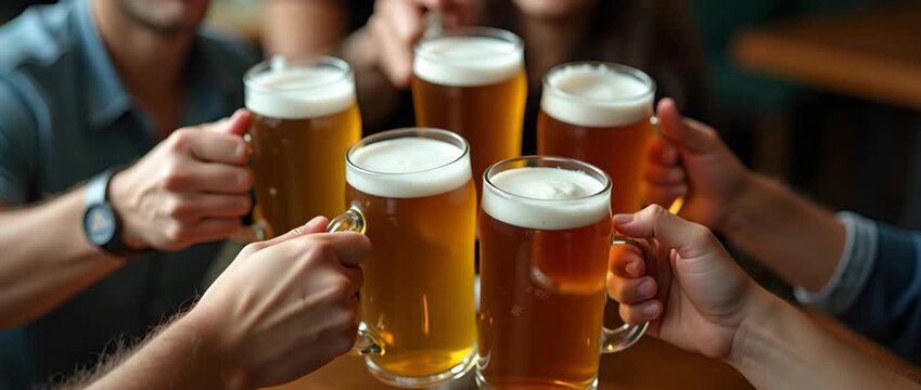 为友谊干杯：在质朴木吧台上拿着满是泡沫啤酒杯的庆祝性集体祝酒——社交聚会和活动的完美图片素材