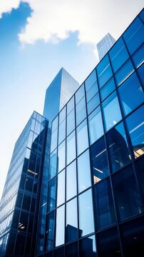 当代企业建筑，玻璃和钢铁材质的摩天大楼矗立在飘着几朵云彩的湛蓝天空下，展现出现代建筑设计风格。