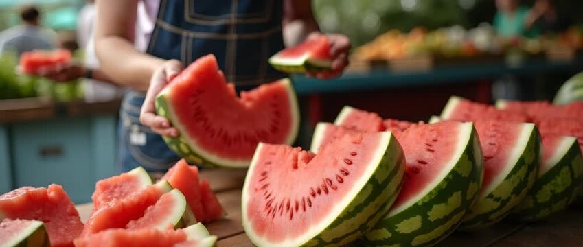 当地种植户在社区集市的质朴摊位上提供切片西瓜样品，在照片库概念的充满活力的户外市场画面中强调从农场到餐桌的新鲜度，且摊位上有空余空间