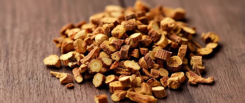 未经加工的甘草根切片在木质背景上的自然光下呈现慢动作画面