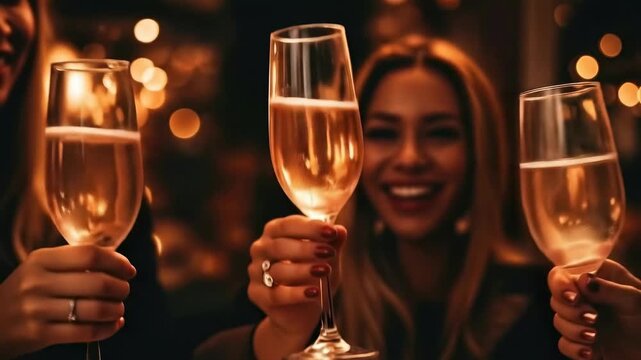 朋友们用香槟酒杯干杯的特写视频，暖色调灯光，节日氛围。
