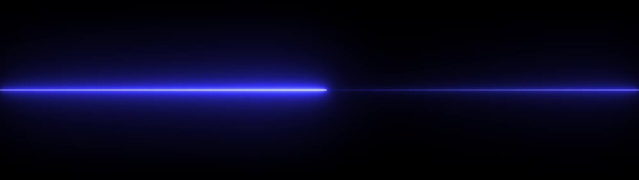 生动的蓝色激光束水平穿过深蓝背景并伴有微弱辉光