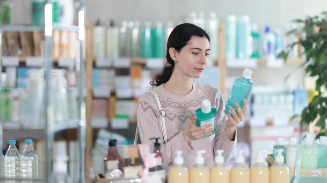 年轻女性买家在药店挑选一瓶漱口水