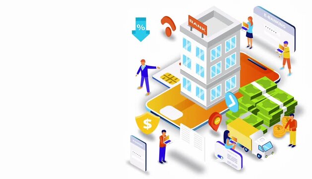 手机上呈现的包含人物、建筑和金钱的等距商业场景