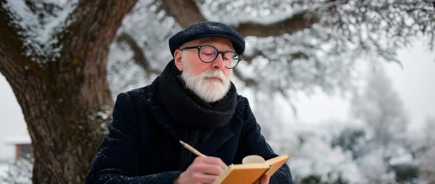 An elderly man with a white beard writing in a notebook in a snowy winter park. A thoughtful senior author finding inspiration outdoors. Creativity and contemplation concept