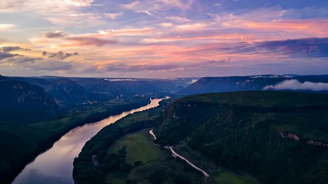 令人叹为观止的日落为广阔的河谷景观披上了一层迷人的光辉，水中倒映着绚烂色彩，繁茂的绿意营造出如诗如画、宁静祥和的环境。
