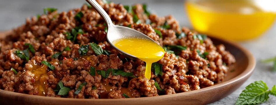 享受准备一道美味菜肴的过程，这道菜以调味肉为主角，上面淋有浓郁的金色酱汁，非常适合分享。