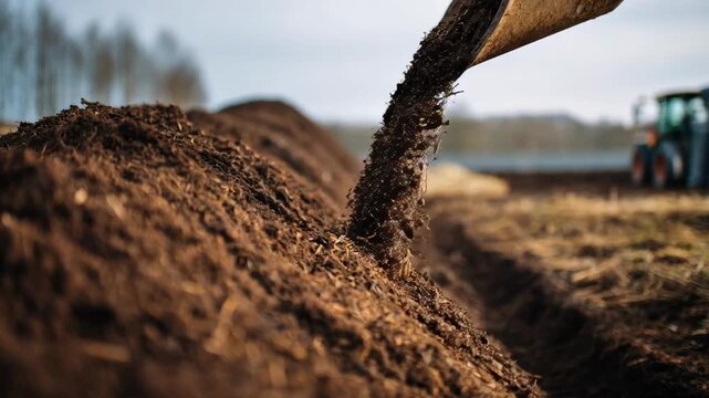 中景镜头展示在可持续农业实践中收集生动物粪便并将其制备成天然肥料的场景。