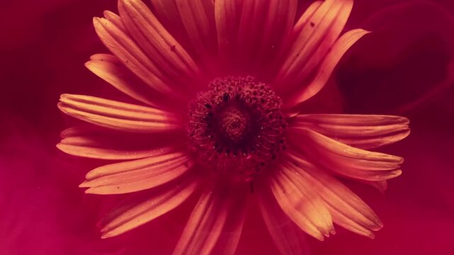 红色绽放。蒸汽质感。散焦的深红色烟雾颜料与水、黄色交织，在抽象艺术丙烯酸自然背景上呈现出富有创意的多榔菊画面。