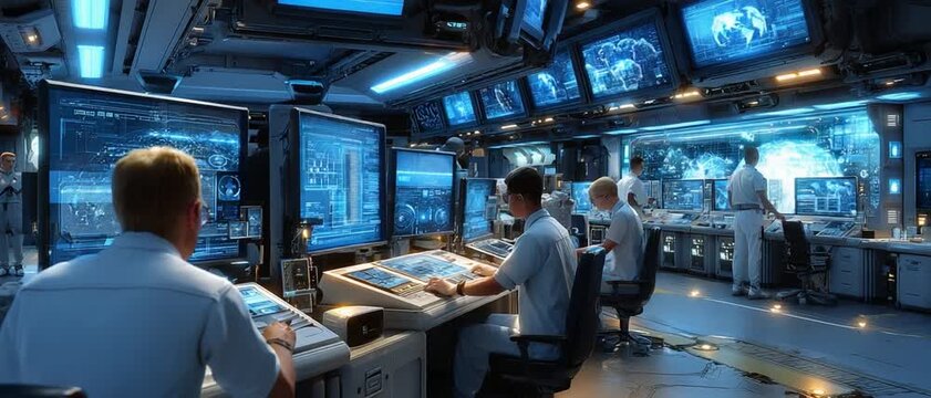 任务控制中心：一个充满活力的控制室里，一群专注的操作员忙碌地监控和管理着复杂系统。现场沐浴在冷光之中。