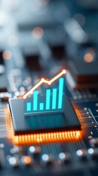 股票市场数字图表在微芯片上以橙色灯光亮起，展现金融增长、科技电路数据分析的未来主义电子市场概念
