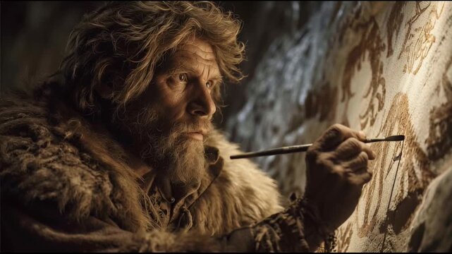 古代人在洞穴壁上作画，穴居人在岩石表面绘制动物和人类，史前艺术的概念