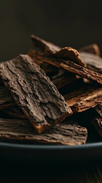 沉香木碎片在暗调氛围灯光下的电影质感特写