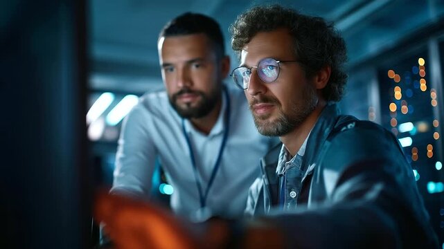 在深青色灯光下，一位数据中心经理监督着一名工程师分析超级计算机数据，超逼真的视觉效果、服务器机架上散发着的忧郁阴影、鲜明的色彩