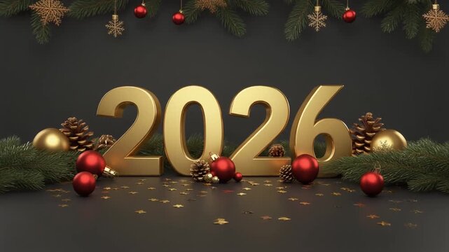 黑色背景上带有圣诞装饰的金色2026数字